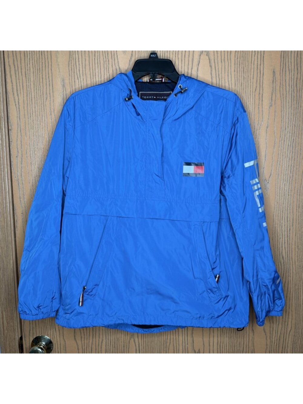 Tommy Hilfiger Mens Blue Hooded Anorak Windbreaker Jacket With Logo On Sleeve L